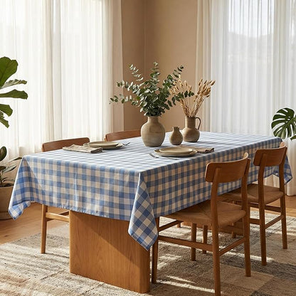 Waterproof Gingham Tablecloth, Checkered Fabric Table Cover for Kitchen Dining, Blue & White Plaid Table Cloth, Rectangle Table Cloth for Indoor Outdoor Use, W60 x L120 in