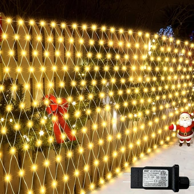 510 LED Christmas Net Lights, 28ft x 5ft Mesh Lights Outdoor Clear Wire 8 modes, Waterproof Connectable String Lights Plug in for Xmas Tree Bushes Garden Holiday Party Decorations - Warm White