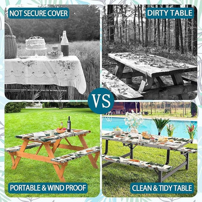 Picnic Table Cover with Bench Covers, Mountain Tent & Campfire Tablecloth, Elastic Edges, Waterproof Windproof Fitted, for Outdoor Camping Patio Garden, with Drawstring Bag, 96 Inch 3PCS