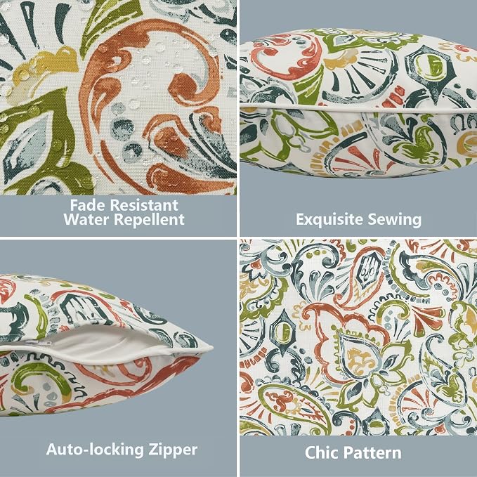 LVTXIII 2 Pack Outdoor Lumbar Pillow Covers 12x20 Inch with Piping, Water-Repellent Back Cushion Covers ONLY for Patio Furniture, Sofa, Garden Bench, Paisley Botanical
