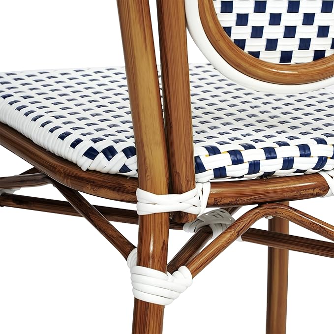 Flash Furniture Lourdes Indoor/Outdoor Commercial Thonet Bistro Stack Chair - White/Navy PE Rattan Back and Seat - Natural Bamboo Print Metal Frame - Set of 2