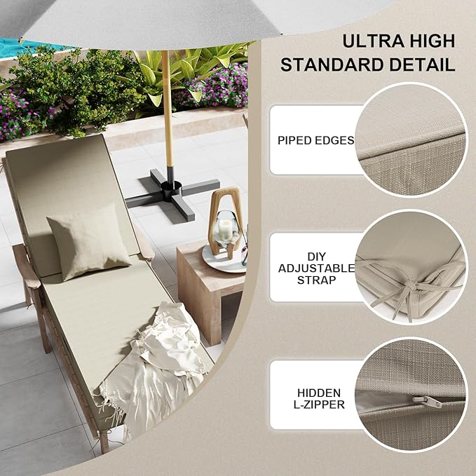 Outdoor Water-Resistant Olefin Chaise Lounge Cushions with Pillow, Weather and Fade Resistant Patio Furniture Lounge Chair Cushion Ideal for Patio, Lawn, Garden, Beige, 80" L x 26" W x 5" T