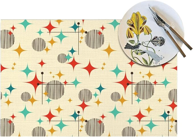 Mid Century Modern Atomic Retro Placemats Set of 4, Linen 12x18 Inch | Yellow Table Mats Heat Resistant Washable Placemat for Kitchen Dining Table Holiday Home Decor Place Mats