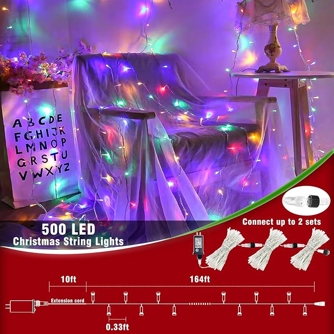 165ft Christmas Lights Outdoor Waterproof, 500 LED Chrismtas String Lights for Bedroom Clear Wire, Plug in Twinkle Fairy Light for Indoor Outdoor Home Party Garden Decorations, Multicolor