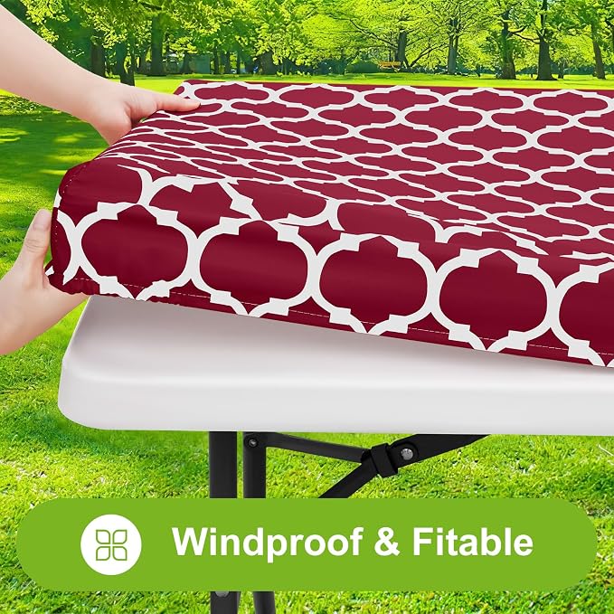 Smiry Picnic Fitted Table Cover, 8 Foot Flannel Backed Vinyl Tablecloth | Waterproof Elastic Stretch Table Cloth, Wipeable Plastic Tablecloth for Camping, Indoor & Outdoor (Wine Red, 30" x 96")