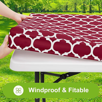 Smiry Picnic Fitted Table Cover, 8 Foot Flannel Backed Vinyl Tablecloth | Waterproof Elastic Stretch Table Cloth, Wipeable Plastic Tablecloth for Camping, Indoor & Outdoor (Wine Red, 30" x 96")