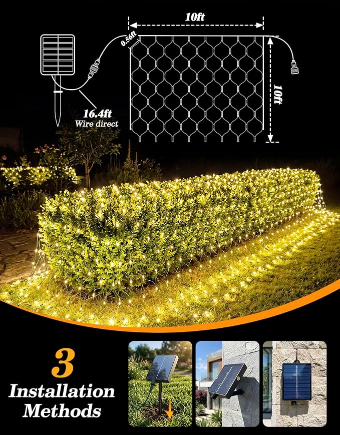 10x10FT Solar Christmas Net Lights Outdoor Waterproof with Remote | 240LED 8 Modes Solar & USB Powered Mesh Lights with Green Wire for Gazebo, Bush, Garden Shrubs, Lawn, Patio Decor, Warm White
