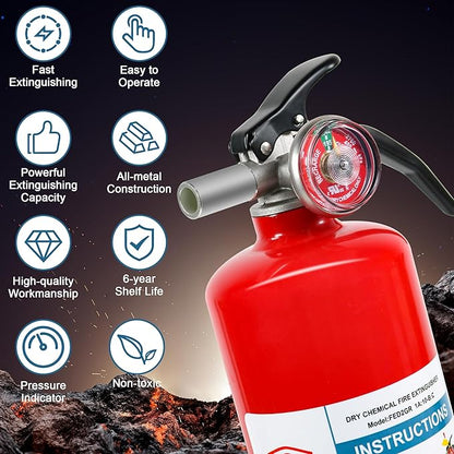 1 Pack ABC Dry Chemical Fire Extinguisher, 2.5 lb 1A:10B:C Rating for Home, Car, Boat, Quick Release Handle, Compact & Portable Dry Powder Extinguishers