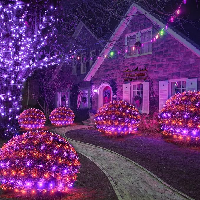 Pooqla Orange and Purple Halloween Net Lights Outdoor, 15x 5ft Green Wire | 300 LED Large Net Mesh Lights Plug in, 8 Modes Waterproof Connectable Bushes Lights for Halloween Hedge Yard Decor