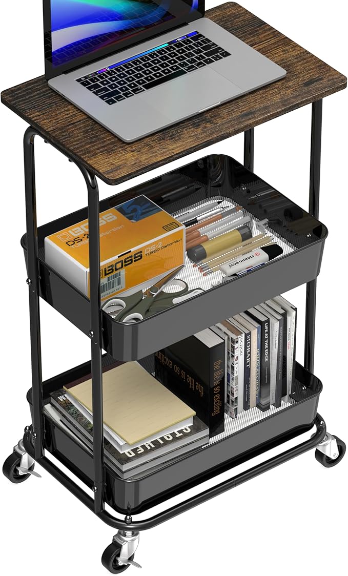 Simple Houseware 2-Tier Utility Cart Wood Top/Lockable Wheel, Rustic Brown | 2-Tier Metal Storage Organizer Trolley for Kitchen, Bathroom, Office, Craft Room