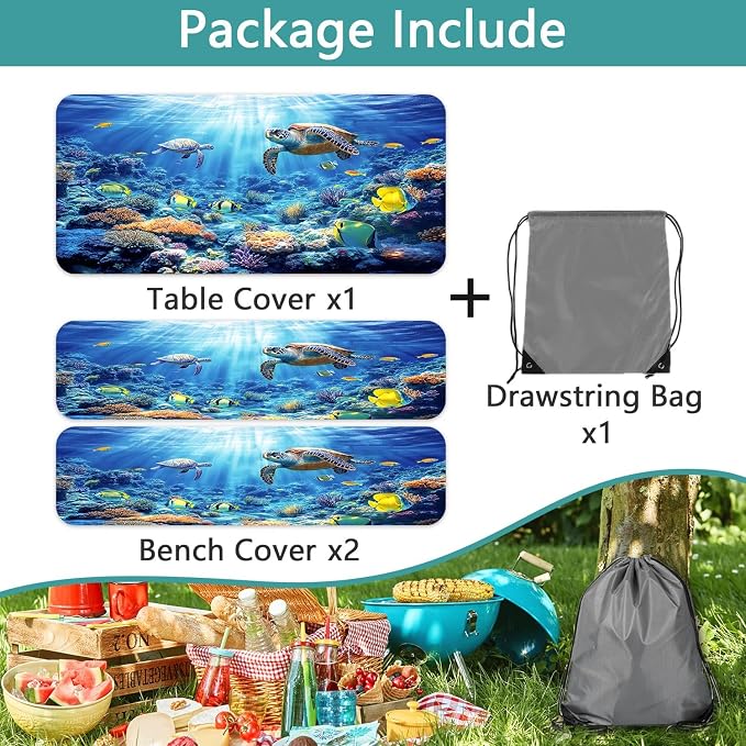 Picnic Table Cover with Bench Covers, Camping Essentials, Ocean Underwater World Table Cover, Fitted Camping Tablecloth Windproof Waterproof with Elastic Edge for Indoor Outdoor Patio 3PCS 30x60 Inch
