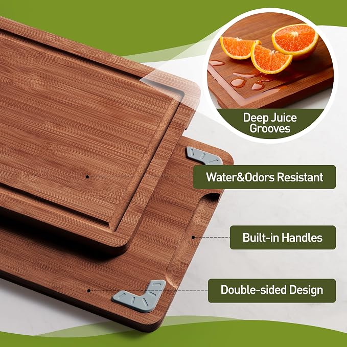 6 Packs Bamboo Cutting Board Set with Non Slip Feet and Over Sink Nice Solid Thick Wood Juice Groove Chopping Board Extra Large Big Small Best Hardwood Kitchen Counter Organic Vegetable
