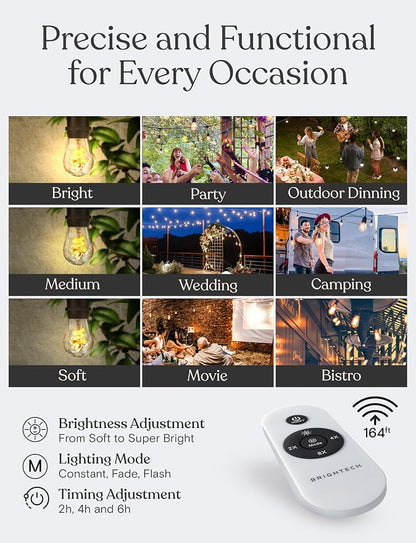 Brightech Ambience Pro Super Bright 48 Ft, 15 Bulbs Solar Power Remote Control Outdoor String Lights, Edison Spiral Shatterproof Bulbs, Commercial Grade LED, Waterproof Patio Lights, 4W Soft White
