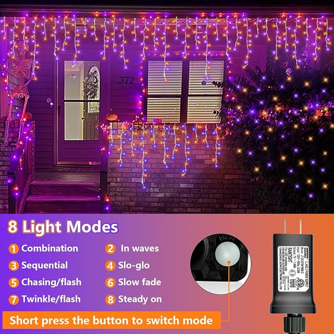 QITONG Orange and Purple Halloween Lights, 33ft 400 LED Icicle Lights for Outside Plug in, Clear Wire Connectable String Light Indoor with 8 Modes