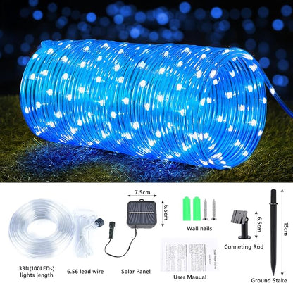 Jnaurb Solar Rope Lights, 2 Pack Total 66ft 200LED Solar String Lights, 8 Modes Waterproof Solar Outdoor Light, Flexible Clear Trampoline Light for Garden Yard Patio Deck Porch Pool Tree Decor - Blue