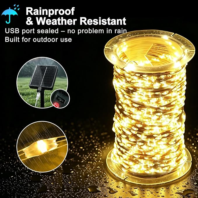 KNONEW 203FT 600LED Solar Fairy String Lights Outdoor Warm White 8 Modes | 8 Modes IP44 Waterproof Copper Wire Extra Long for Garden Patio Yard Christmas Wedding Party Indoor Outdoor