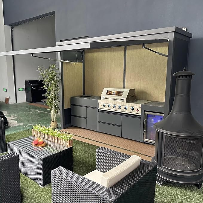 Outdoor Kitchen Island, Modular Outdoor BBQ Kitchen with Built-in Grill, Oven, Mini Fridge and Hand Washing Station, Automatic Lift Door Design with Ambient Lighting for Patio Backyard Outdoor Living