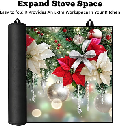 Christmas Multi-Design Stove Cover for Glass/Electric Stoves - 3-in-1 Heat-Resistant Protector Mat, Non-Slip Drying Rack 28"x20"