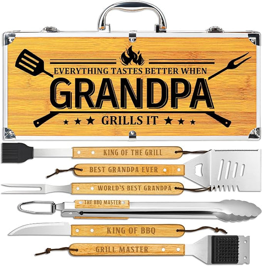 Grandpa Gifts from Grandkids, Grilling Gift Heavy Duty Wooden BBQ Grilling Accessories Kit, Thick Stainless Steel Grill Utensils with Non-Slip Handle Tools in Portable Bag on Fathers Day