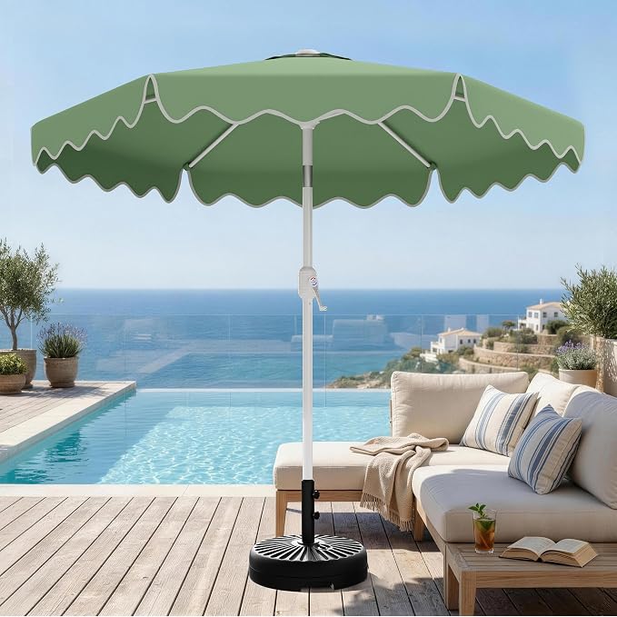 AreShark 7.5FT Outdoor Patio Umbrella with Wavy Trim (Sage Green) | Market Table Umbrellas w/ 6 Sturdy Ribs, Crank & Tilt, White Pole, Pool Umbrella with UV-Fade Resistant Fabric, Heavy Frame