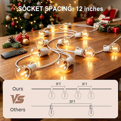 Outdoor-String-Lights with Remote 30FT Waterproof lights for Outside Patio | 12 inch Spacing,White Cord String Lights,Connectable Dimmable Patio Lights with Remote,Timer,3 Modes for Backyard, Bistro