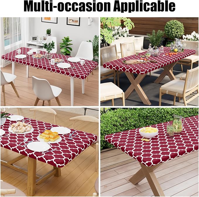 Smiry Picnic Fitted Table Cover, 8 Foot Flannel Backed Vinyl Tablecloth | Waterproof Elastic Stretch Table Cloth, Wipeable Plastic Tablecloth for Camping, Indoor & Outdoor (Wine Red, 30" x 96")