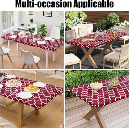 Smiry Picnic Fitted Table Cover, 8 Foot Flannel Backed Vinyl Tablecloth | Waterproof Elastic Stretch Table Cloth, Wipeable Plastic Tablecloth for Camping, Indoor & Outdoor (Wine Red, 30" x 96")