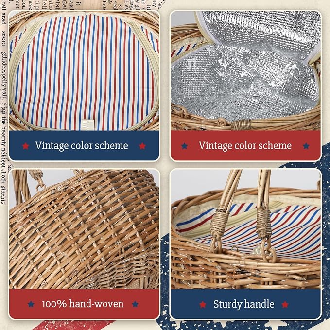 Wicker Picnic Basket 15"x11"x7" Insulated Liner Red White Blue Star | Insulated Zip Liner Helps Keep Drinks and Snacks Cool, Sturdy Woven Basket Suits Parks, Camping, Holidays and Gift Giving