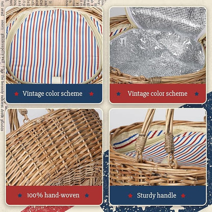 Wicker Picnic Basket 15"x11"x7" Insulated Liner Red White Blue Star | Insulated Zip Liner Helps Keep Drinks and Snacks Cool, Sturdy Woven Basket Suits Parks, Camping, Holidays and Gift Giving