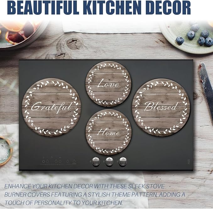 Stylish Burner Covers Set of 4 for Range Accessories, Gratitudes Wood Board Metal Stove Burner Cover for Expanding Counter Space Stovetop Decor, Burner Covers for Electric Stove