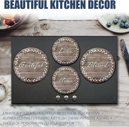 Stylish Burner Covers Set of 4 for Range Accessories, Gratitudes Wood Board Metal Stove Burner Cover for Expanding Counter Space Stovetop Decor, Burner Covers for Electric Stove