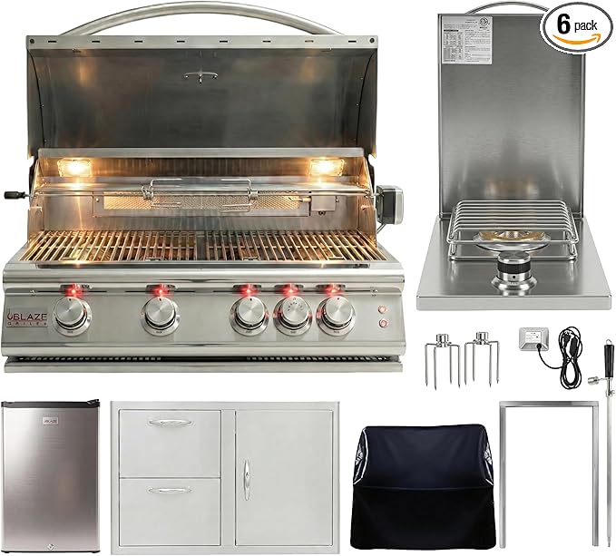 BLAZE BBQ Outdoor Package 9 of 40” LTE Built-in Natural Gas Grill, Single Side Burner, 32” Door & Two Drawers Combo, Compact Refrigerator, Grill Cover, Fridge Trim, Rotisserie Kit and Accessories