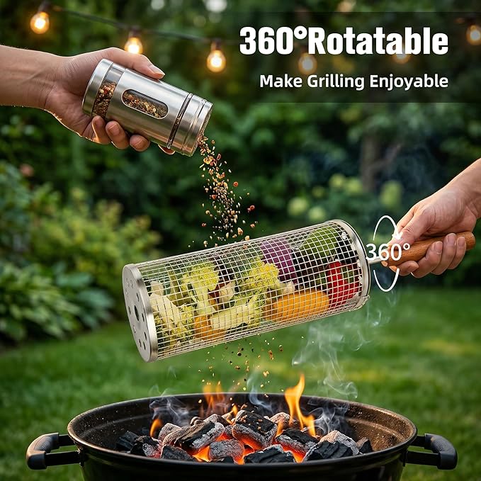 Rolling Grilling Basket for Outdoor Grilling,9-Piece Stainless Steel BBQ Accessories Set,Perfect Gifts for Men Dad Husband,Portable Camping Nesting Grill Baskets for Fish, Shrimp, Meat, Vegetables