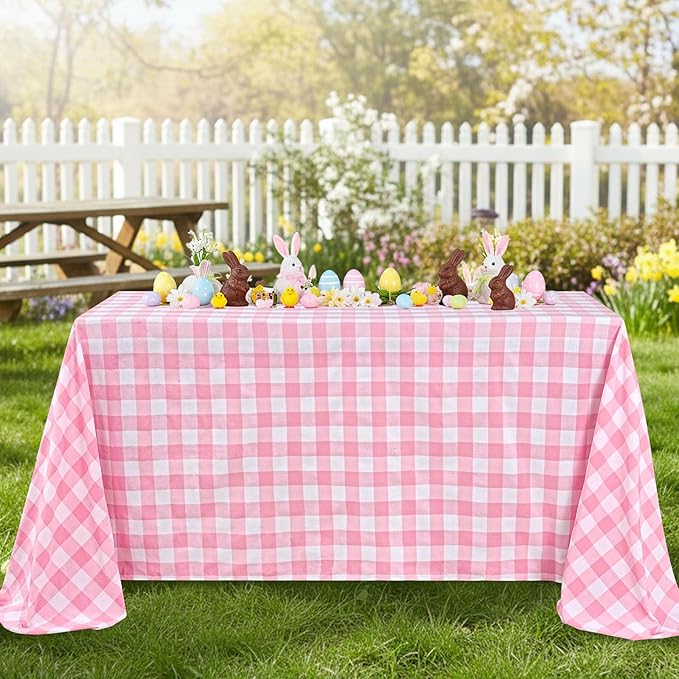B-COOL Pink Plaid Tablecloth Checkered Fabric Cover 56x120 Inch Table Cloths, Valentines Party Picnic Decorative Gingham Tablecloths, Sturdy Rectangle Pink and White Checkered Cover Decorations