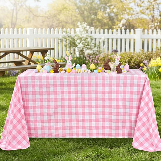 B-COOL Pink Plaid Tablecloth Checkered Fabric Cover 56x120 Inch Table Cloths, Valentines Party Picnic Decorative Gingham Tablecloths, Sturdy Rectangle Pink and White Checkered Cover Decorations