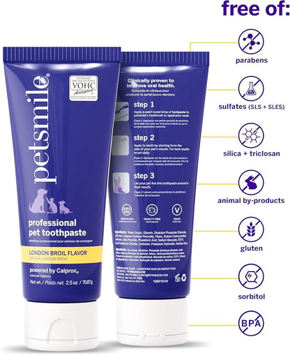 Petsmile Pet Teeth Brushing Kit, Toothpaste + Brush, London Broil 2.5 Oz | Toothpaste + 45° Patented Toothbrush, VOHC Accepted, Calprox® Powered, 4-Month Supply, Human-Grade, Clinically Proven