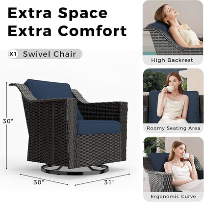 Patio 2 Pieces Wicker Swivel Chairs Set of 2，Outdoor PE Rattan Rocking Glider Armchairs, Water-Resistant Cushions with Removable and Washable Covers, Porch, Balcony, Sunroom (Navy Blue)