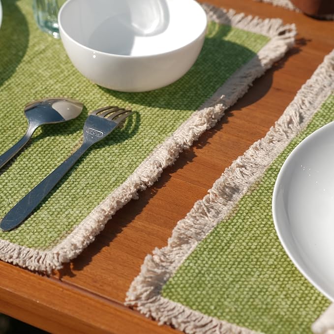 Hausattire Cotton Frayed Placemats Set of 4 Dining Table 13x19 Inch | Rustic Vintage Boho Washable Easter Placemat for Outdoor Parties BBQ's Wedding, Special Occasions, Nubby Cotton - Green