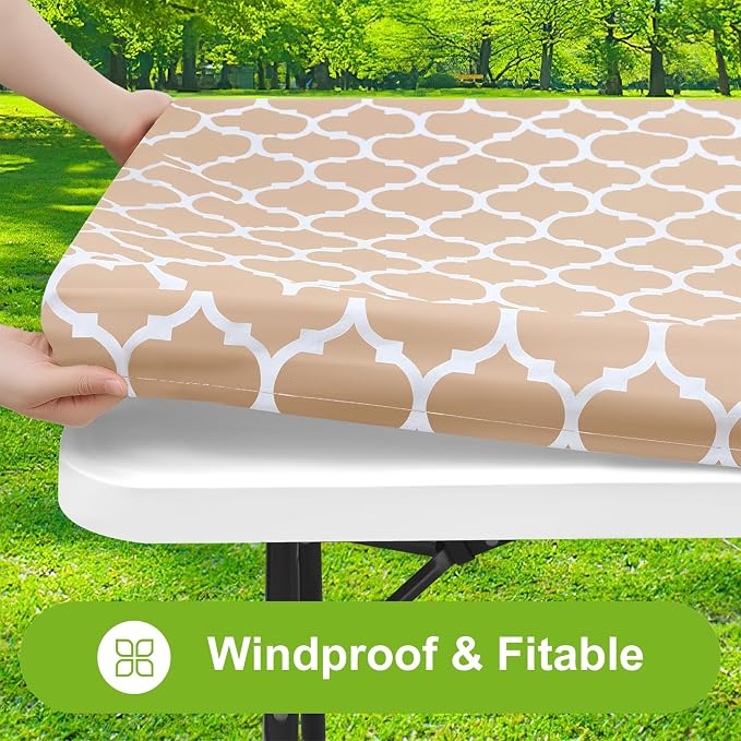 Smiry Picnic Fitted Table Cover, 5 Foot Flannel Backed Vinyl Tablecloth | Waterproof Elastic Stretch Table Cloth, Wipeable Plastic Tablecloth for Camping, Indoor & Outdoor (Khaki, 36" x 60")