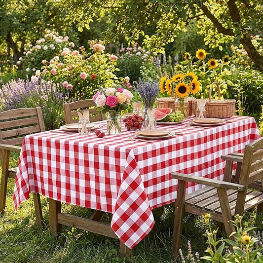 B-COOL Red Plaid Tablecloth Gingham Fabric: Checkered Tablecloths Overlays 56x84 Inches Red and White Valentines Day Picnic Desk Covers for Rectangle Table