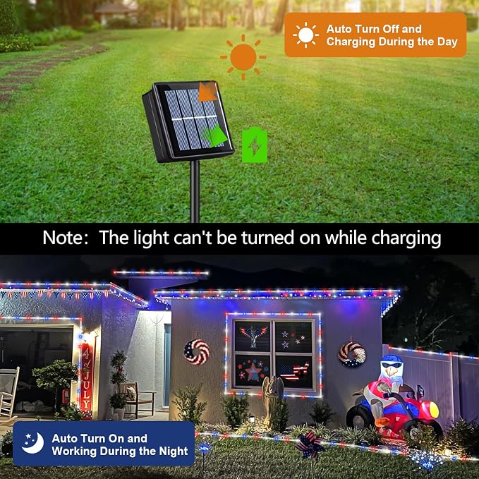QITONG Red White Blue Solar Rope Lights, 2 Pack Each 33ft 100 LED Patriotic String Lights Outdoor, 8 Modes Fairy Lights in Clear Thin Tube for Independence Memorial Day Decor