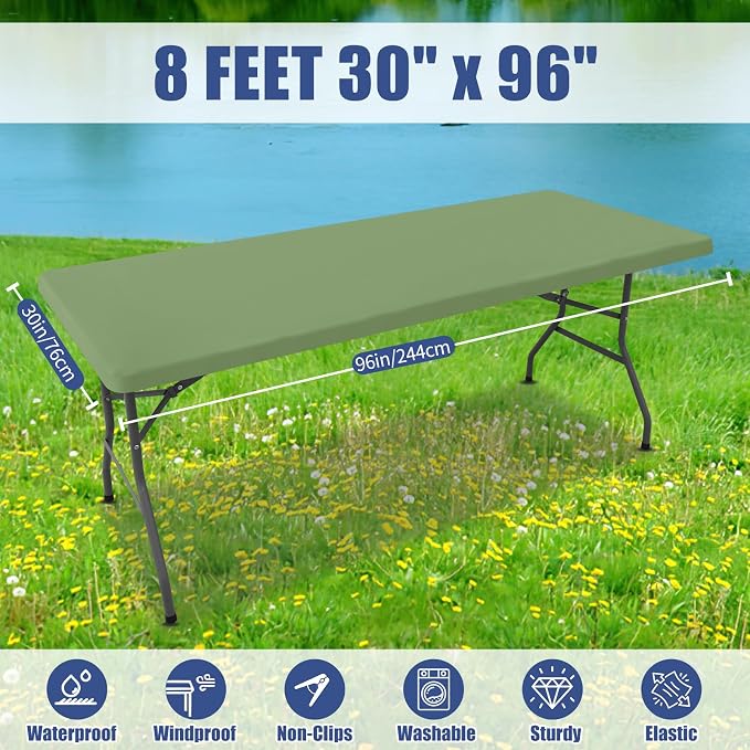 Moosfor 2 Pack Rectangle Spandex Fitted Table Cloth, 8FT Elastic Tablecloth | Washable Picnic Table Cover, Stretch Waterproof Table cloths for Party, Patio, Dining, Kitchen, 30" x 96", Sage Green