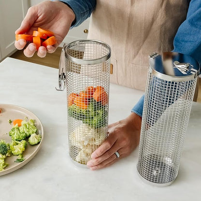 AVIEUS Grill Rolling Grill Basket | Rolling Grilling Baskets for Outdoor Grilling 2 Pcs | Barbecue Grill Set with BBQ Gloves | Portable Camping Net Rack Perfect for Vegetables, Seafood & Meat