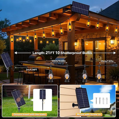 Solar Flame String Lights Outdoor, 21FT Solar Halloween Light with 10 Bulbs | Flickering Flame, Waterproof Solar Powered Outdoor Lights for Yard Patio Bistro Porch Garden Home Halloween Decorations
