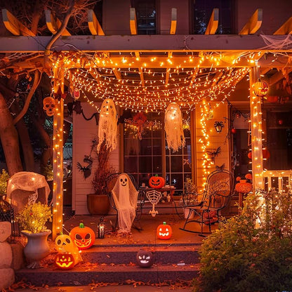 JMEXSUSS 33FT 100 LED Orange Lights for Halloween, Battery Operated | Halloween Lights Outdoor Indoor, 8 Modes Remote String Lights for Yard Tree Front Porch Room House Fence Xmas Decor