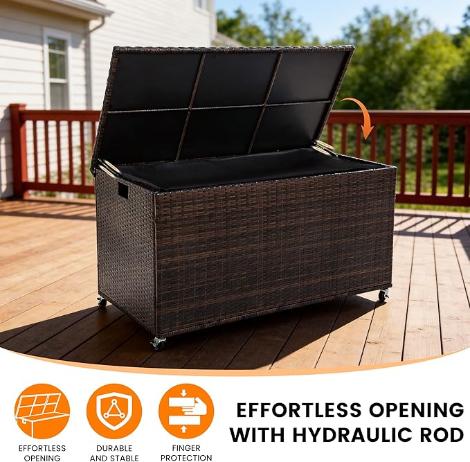 Outdoor 170 Gallon Water-Resistant Wicker Storage Box with Wheels, PE Rattan Deck Box with Waterproof Liner for Outside, Patio Storage Container with Hinged Lid, Horizontal Bin, Brown