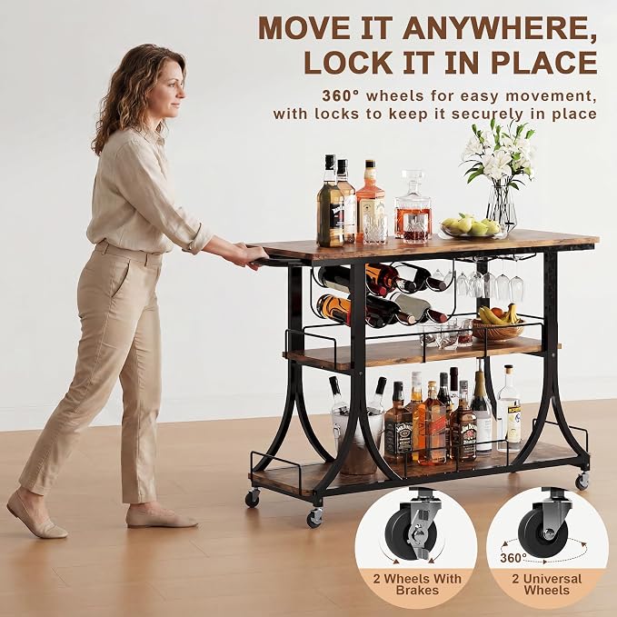 PETKABOO 3-Tier Rustic Wooden Bar Cart with Wheels, Farmhouse Style Solid Wood Rolling Serving Cart with Wine Rack for Home Bar, Heavy Duty Mobile Liquor Trolley for Kitchen Living Room