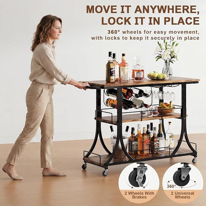 PETKABOO 3-Tier Rustic Wooden Bar Cart with Wheels, Farmhouse Style Solid Wood Rolling Serving Cart with Wine Rack for Home Bar, Heavy Duty Mobile Liquor Trolley for Kitchen Living Room