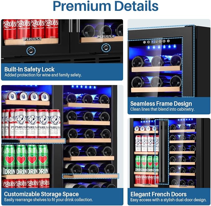 30 Inch Wine and Beverage Refrigerator Dual Zone Wine Fridge Beverage Cooler with Glass Door, Holds 110 Cans and 30 Bottles, Seamless Frame Built In or Freestanding for Home Bar, Kitchen