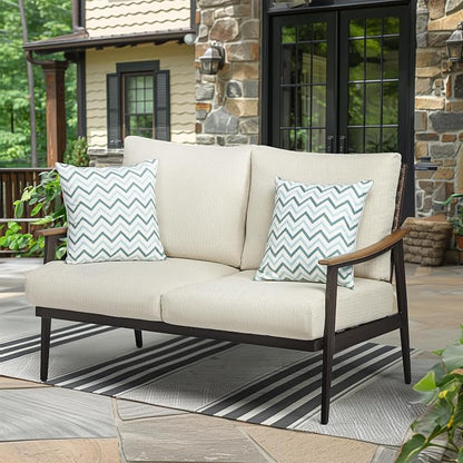 NATURAL EXPRESSIONS Patio Loveseat Sofa Outdoor Furniture Metal Chair with Wicker Backrest & 6 Inches Cushion for Indoor, Front Porch, Deck, Balcony, Backyard, 51.77"(L) x 29.75"(W) x 33.86"(H).